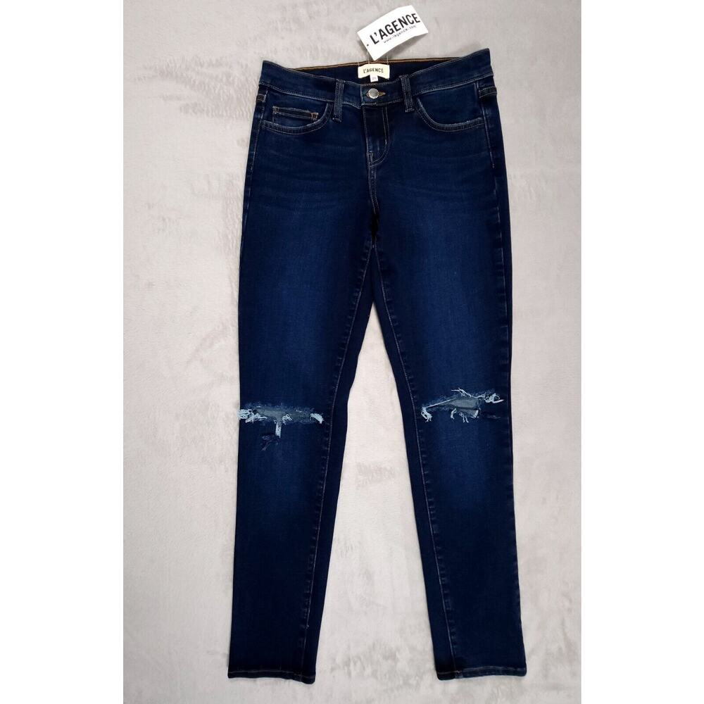 L'Agence Womens Blue Denim Skinny Ankle Jeans Distressed Dark Wash Size 25